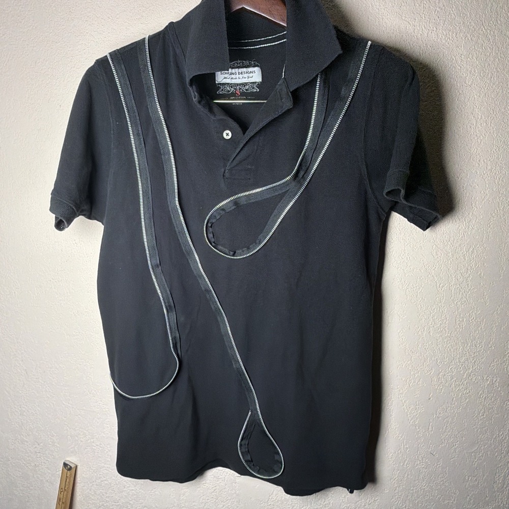 Black 3D Zipper Men‎ Polo SOHUNG DESIGNS Small 100% Cotton Collar designer NY